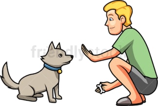 男人教他的狗坐。PNG - JPG和矢量EPS文件格式(无限扩展)。图像隔离在透明背景上。