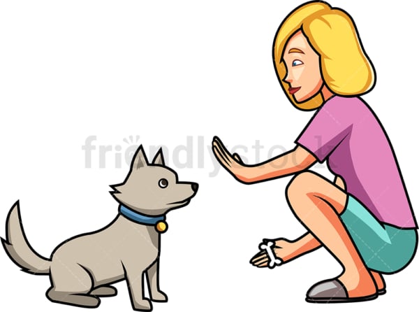 一位女士教她的狗坐。PNG - JPG和矢量EPS文件格式(无限可扩展)。图像隔离在透明背景上。