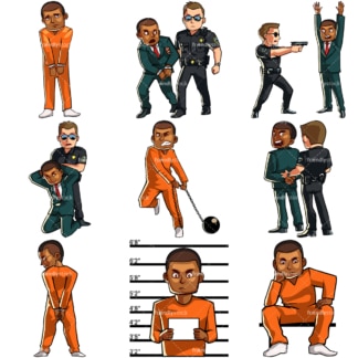 Cartoon zwarte man in juridische problemen & onder arrest. PNG - JPG en vector EPS-bestandsindelingen (oneindig schaalbaar). Afbeeldingen geïsoleerd op transparante achtergrond.
