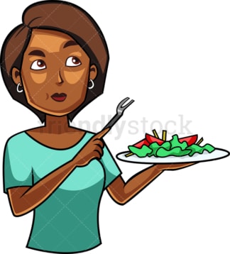年轻的黑人妇女吃沙拉。PNG - JPG和矢量EPS文件格式(无限可扩展)。图像隔离在透明背景上。