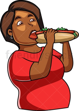 黑人妇女吃潜水艇三明治。PNG - JPG和矢量EPS文件格式(无限可扩展)。图像隔离在透明背景上。
