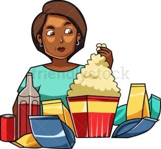 黑人妇女周围有很多食物。PNG - JPG和矢量EPS文件格式(无限可扩展)。图像隔离在透明背景上。