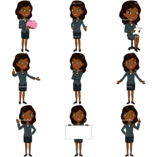 9 Vektorbilder einer schwarzen Geschäftsfrau。和Vektor-EPS-Dateiformate (unendlich skalierbar)。Bilder auf transparentem Hintergrund isoliert。