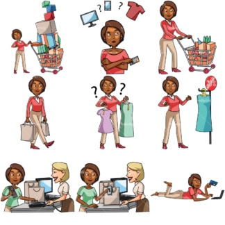 卡通黑人妇女购物捆绑。PNG - JPG和矢量EPS文件格式(无限可扩展)。图像隔离在透明背景上。