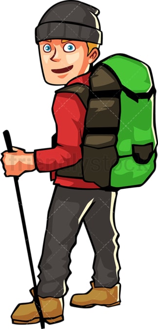 男子穿着登山装备和背包。PNG - JPG和矢量EPS文件格式(无限扩展)。图像隔离在透明背景上。