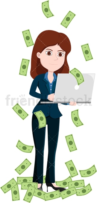 女人在她的笔记本电脑上工作，在金钱的雨中。PNG - JPG和矢量EPS文件格式(无限扩展)。图像隔离在透明背景上。