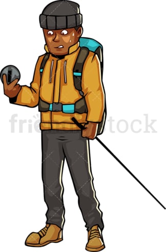 一个穿着登山装备的黑人看着指南针。PNG - JPG和矢量EPS文件格式(无限可扩展)。图像隔离在透明背景上。