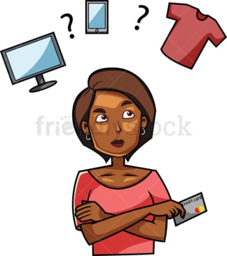 一个黑人妇女在决定要买什么。PNG - JPG和矢量EPS文件格式(无限可扩展)。图像隔离在透明背景上。
