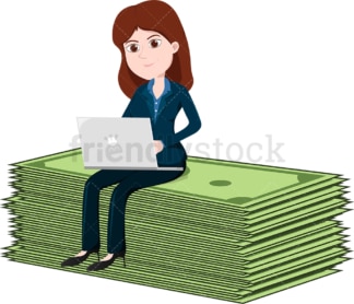 女人在放大的美元纸币上用笔记本电脑工作。PNG - JPG和矢量EPS文件格式(无限扩展)。图像隔离在透明背景上。