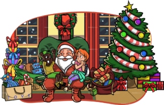 孩子们坐在客厅圣诞老人的腿上。PNG - JPG和矢量EPS文件格式(无限可扩展)。图像隔离在透明背景上。
