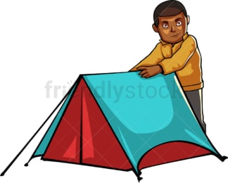 一名黑人在户外露营时站在帐篷旁。PNG - JPG和矢量EPS文件格式(无限扩展)。图像隔离在透明背景上。