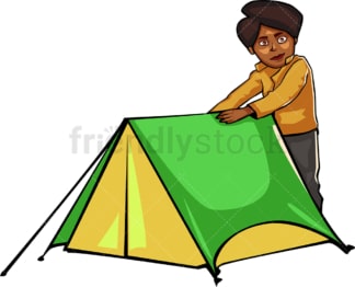 黑人妇女在户外露营时靠近帐篷。PNG - JPG和矢量EPS文件格式(无限扩展)。图像隔离在透明背景上。