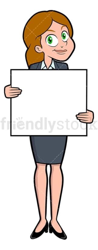 快乐的女商人举着白色的牌子。PNG - JPG和矢量EPS文件格式(无限扩展)。图像隔离在透明背景上。