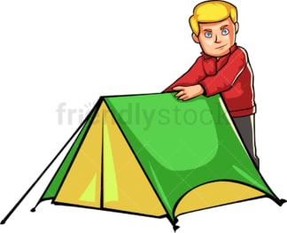 男子在户外露营时准备帐篷。PNG - JPG和矢量EPS文件格式(无限扩展)。图像隔离在透明背景上。