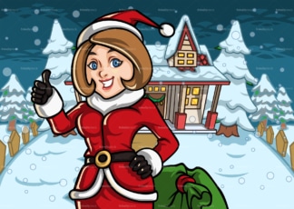 妈妈在白雪覆盖的房子外装扮成圣诞老人。PNG - JPG和矢量EPS文件格式(无限可扩展)。图像隔离在透明背景上。