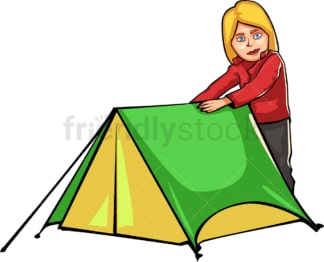 户外露营时准备帐篷的妇女。PNG - JPG和矢量EPS文件格式(无限可扩展)。图像隔离在透明背景上。