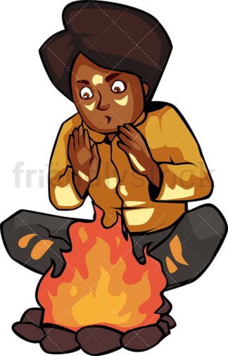 一个黑人妇女在营火旁取暖。PNG - JPG和矢量EPS文件格式(无限扩展)。在透明背景上隔离图像。