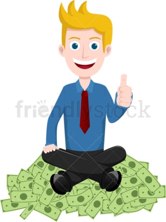 男人站在一堆钱上竖起大拇指。PNG - JPG和矢量EPS文件格式(无限可扩展)。图像隔离在透明背景上。