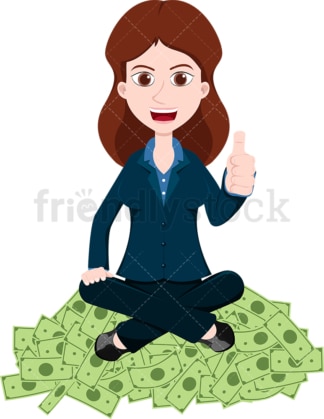 女人在一堆钱上竖起大拇指。PNG - JPG和矢量EPS文件格式(无限扩展)。图像隔离在透明背景上。