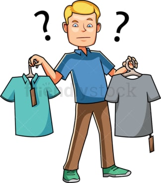 一名男子在两件t恤中选择。PNG - JPG和矢量EPS文件格式(无限可扩展)。图像隔离在透明背景上。