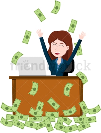 一名妇女在工作时庆祝，而金钱如雨点般落在她身上。PNG - JPG和矢量EPS文件格式(无限扩展)。图像隔离在透明背景上。