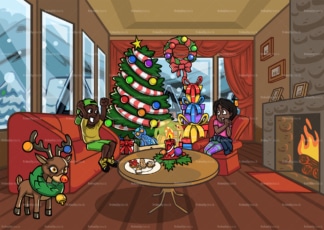 Schwarze Kinder, die Weihnachten im Wohnzimmer genießen PNG - JPG- und vector - eps - dateiformate (unendlich skalierbar)。图片透明透明，腹地隔离。