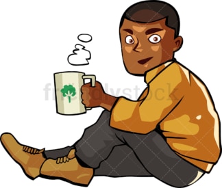 黑人坐着喝热咖啡。PNG - JPG和矢量EPS文件格式(无限可扩展)。图像隔离在透明背景上。