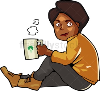 黑人妇女坐在外面喝热咖啡。PNG - JPG和矢量EPS文件格式(无限扩展)。在透明背景上隔离图像。