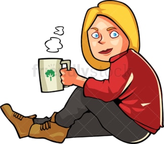 坐在外面喝热咖啡的女人。PNG - JPG和矢量EPS文件格式(无限可扩展)。图像隔离在透明背景上。