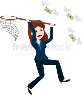一名女子用网捕捉飞来的钞票。PNG - JPG和矢量EPS文件格式(无限可扩展)。图像隔离在透明背景上。