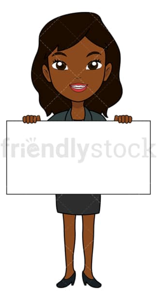 黑人女商人举着一个空牌子。PNG - JPG和矢量EPS文件格式(无限可扩展)。图像隔离在透明背景上。