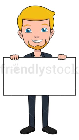 商人拿着一块空白的海报板。PNG - JPG和矢量EPS文件格式(无限可扩展)。图像隔离在透明背景上。