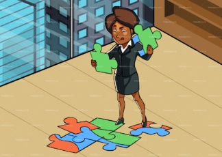 黑人女性在办公室玩拼图游戏。PNG - JPG和矢量EPS文件格式(无限可扩展)。图像隔离在透明背景上。
