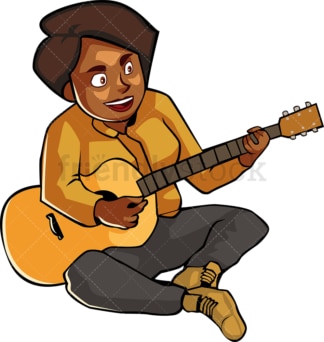 一个黑人女人在地上弹吉他。PNG - JPG和矢量EPS文件格式(无限扩展)。图像隔离在透明背景上。