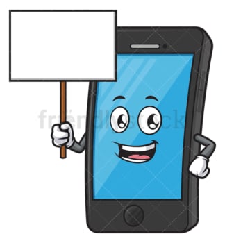 手机吉祥物举着空白的牌子。PNG - JPG和矢量EPS(无限可扩展)。