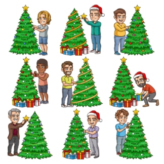 Männer, die Weihnachtsbäume schm<e:1> cken。PNG - JPG和unendlich skalierbare vector EPS - auf weißem oder transparent Hintergrund。