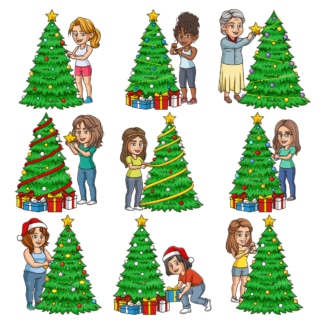 Frauen, die Weihnachtsbäume schm<e:1> cken。PNG - JPG和unendlich skalierbare vector EPS - auf weißem oder transparent Hintergrund。