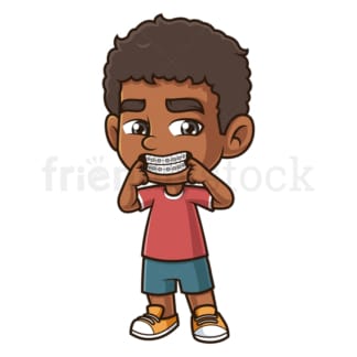 Cartoon zwarte jongen pronken met bretels. PNG - JPG en vector EPS (oneindig schaalbaar).