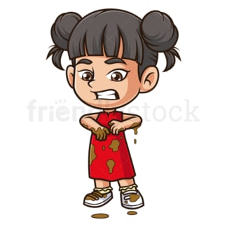 卡通亚洲女孩被泥巴弄脏了。PNG - JPG和矢量EPS(无限扩展)。